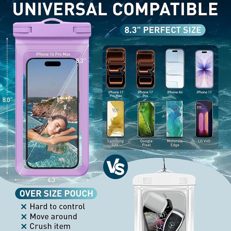 Vsagier Universal Waterproof Phone Case, with Inside Card Pack, Waterproof Beach Bag for iPhone 17 16 15 14 Pro Max up to 8.3", IPX8 Cell Phone Pouch for Cruise Travel Accessories, 2 Pack-Black&Purple - Image 2